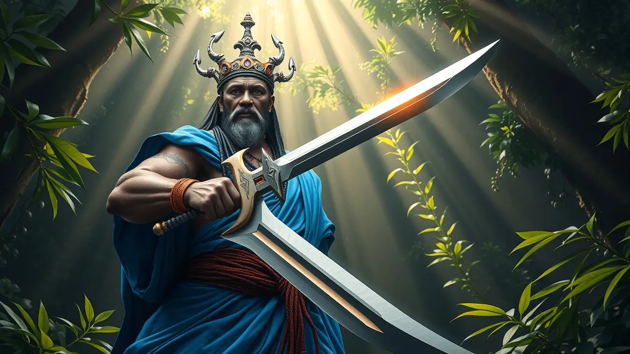 Ogum com espada em floresta, representação de força e proteção