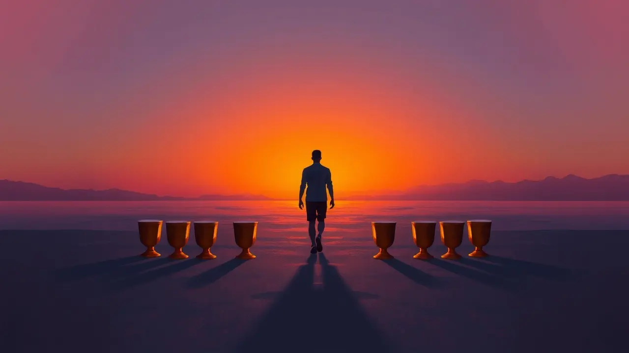 Figura se afastando de taças douradas na praia: sonhar com oito de copas.