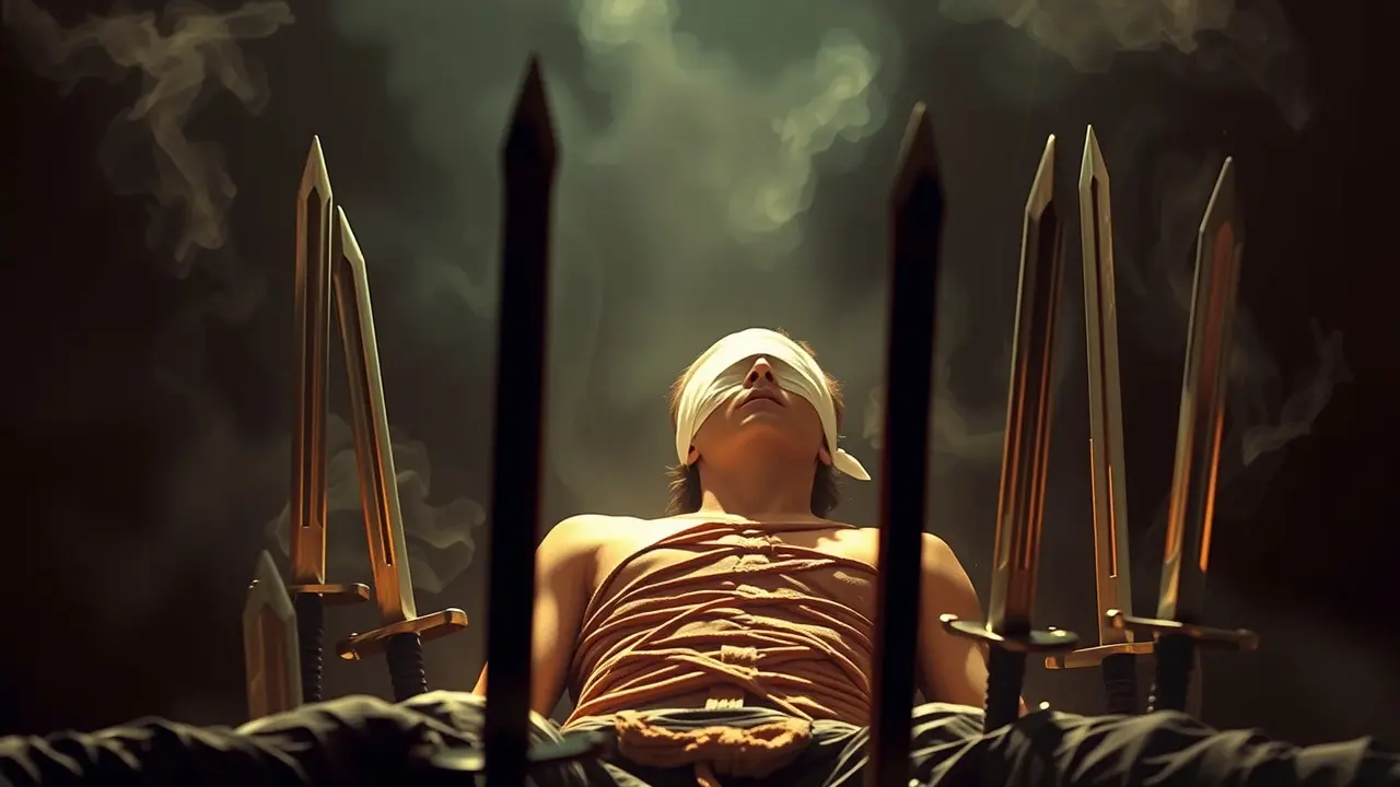 Sonhar com Oito de Espadas: Desvende os Significados e Simbolismos Mulher vendada cercada por espadas, representando o sonho com Oito de Espadas
