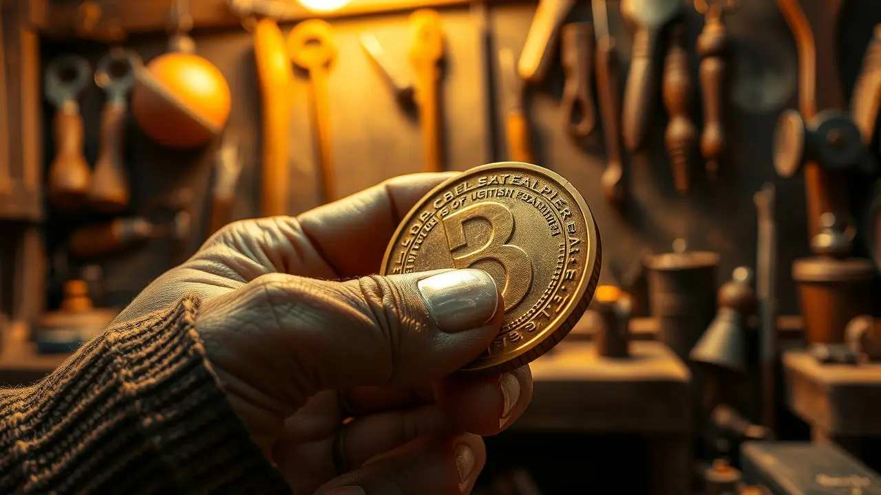 Sonhar com Oito de Ouros: Descubra o Significado! Mão criando moeda de ouro com o número oito.