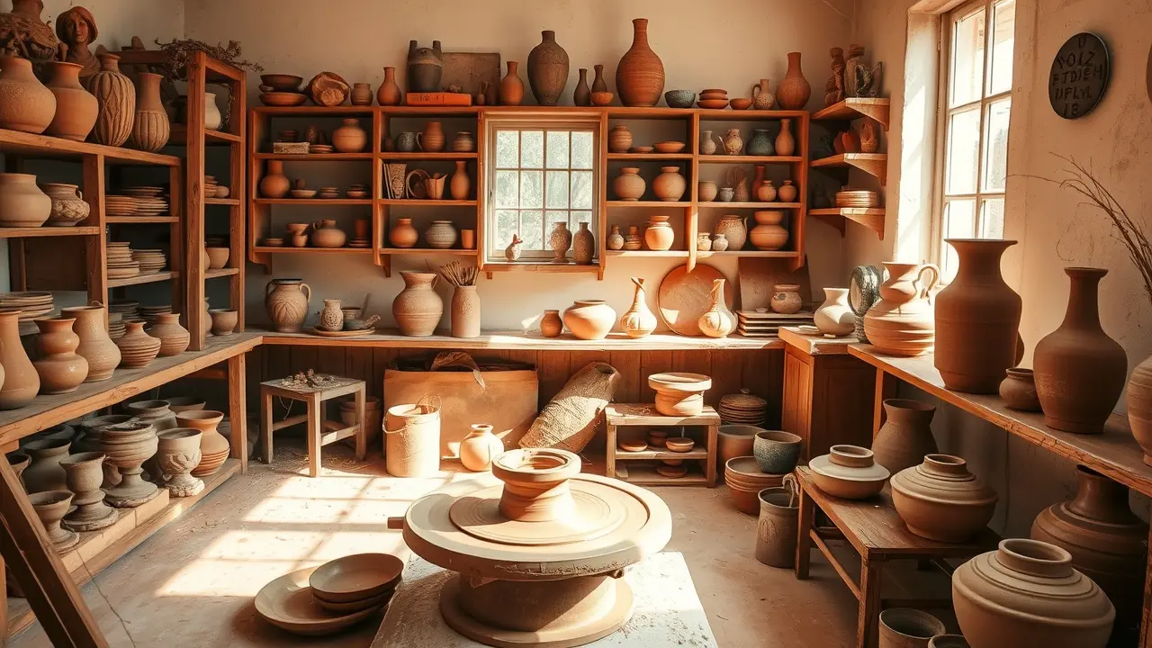 Olaria com roda de oleiro e objetos de barro.