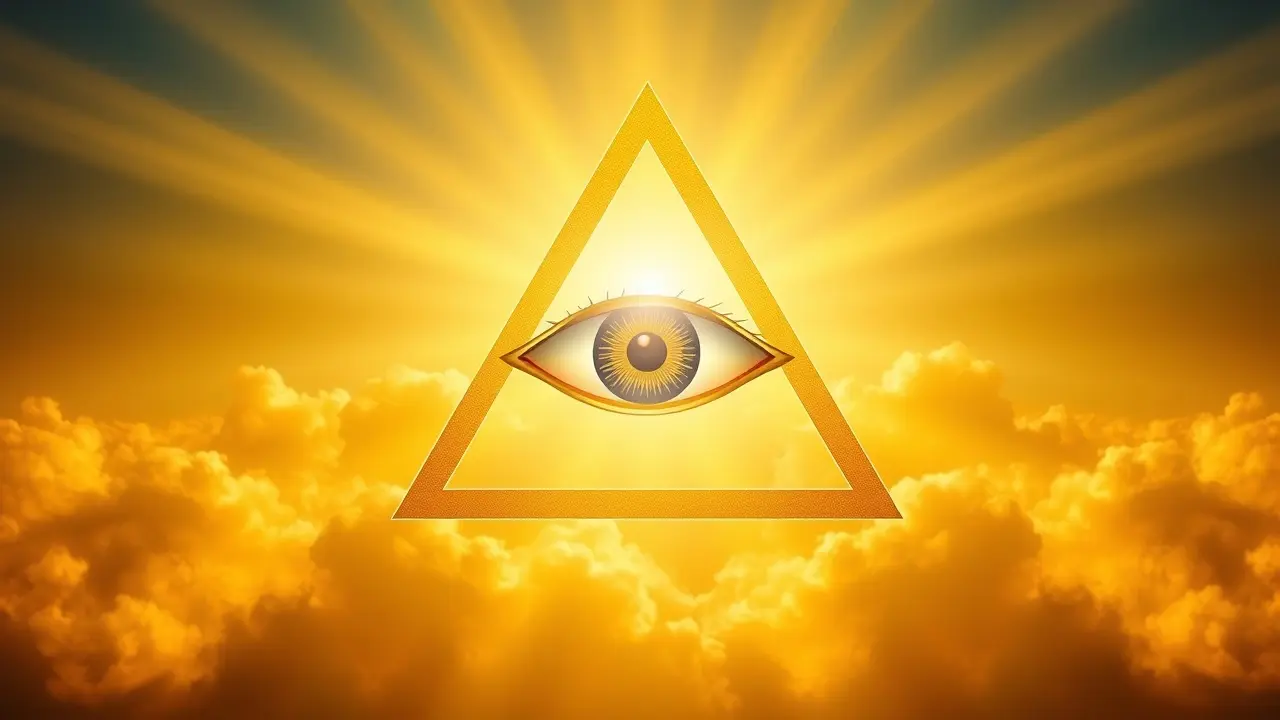 Sonhar com Olho Que Tudo Vê: Desvende os Significados Ocultos Ilustração do olho que tudo vê dourado em triângulo radiante.