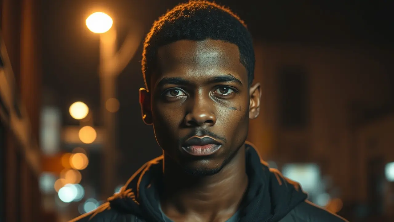 Significado de Sonhar com o Mar Little: Desvendando as Mensagens do Subconsciente Homem negro com cicatriz no rosto, reflexivo sob luz urbana.