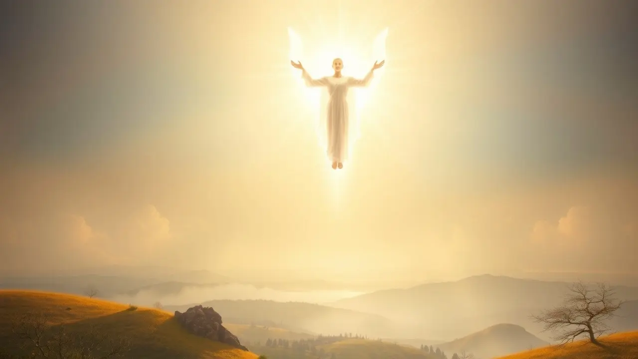 Figura etérea brilhando sobre paisagem serena.