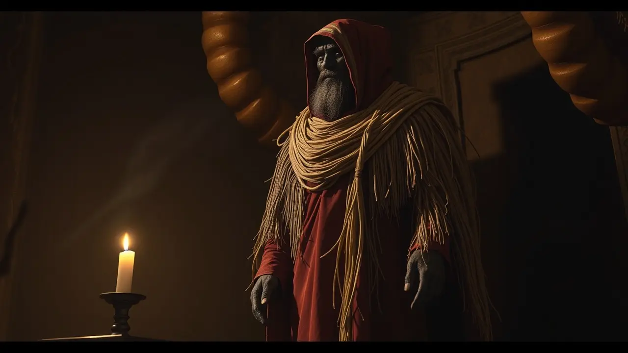 Sonhar com Omolu: Desvende os Significados e Simbolismos Omolu envolto em palha, luz baixa