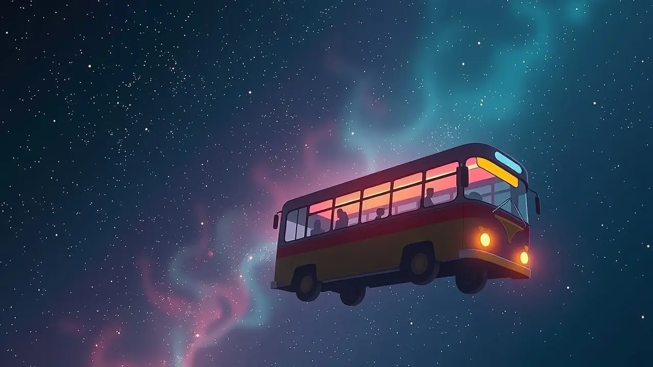 Ônibus flutuante em céu noturno estrelado