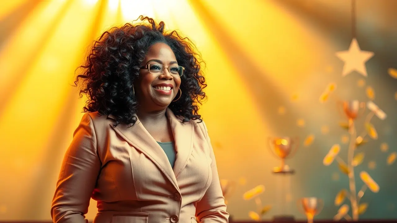 Significado de Sonhar com Oprah Winfrey: Decifre os Sinais! Mulher sorrindo em um palco iluminado, representando sucesso e inspiração