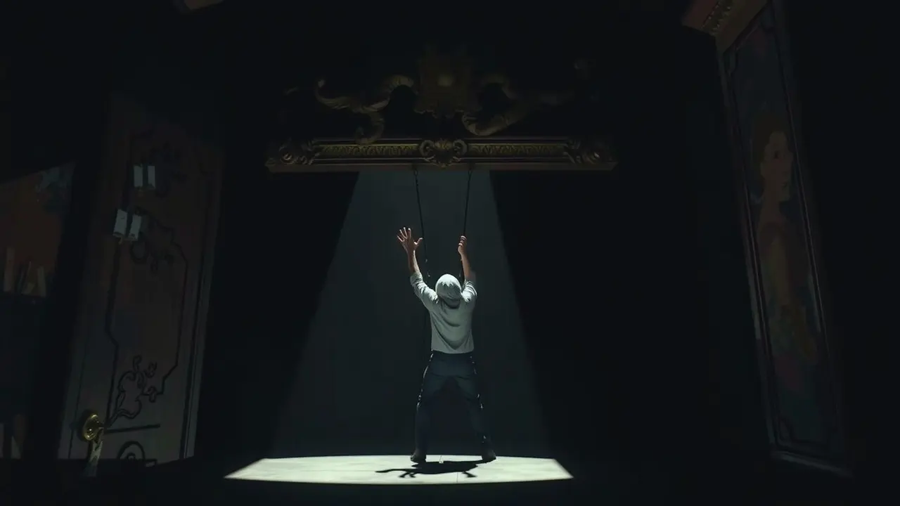 Pessoa presa sob moldura pesada, simbolizando opressão