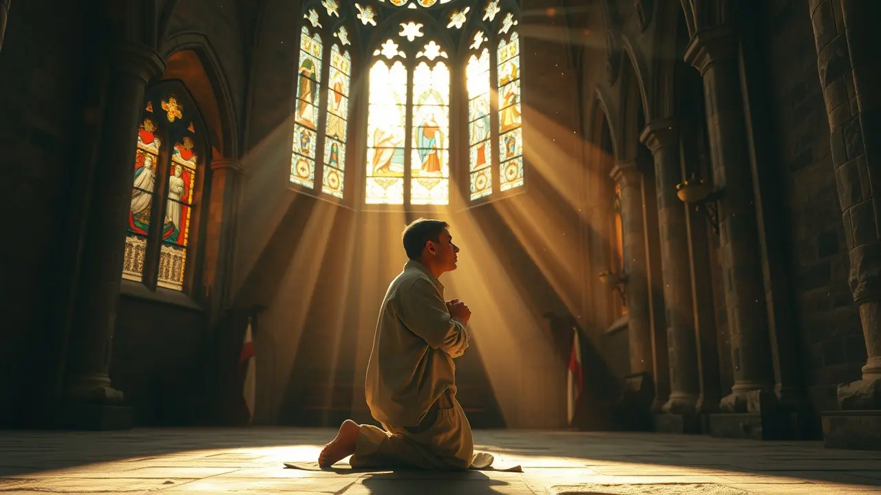 Sonhar com Oração: Descubra o Significado e as Mensagens Ocultas Pessoa orando em catedral iluminada.