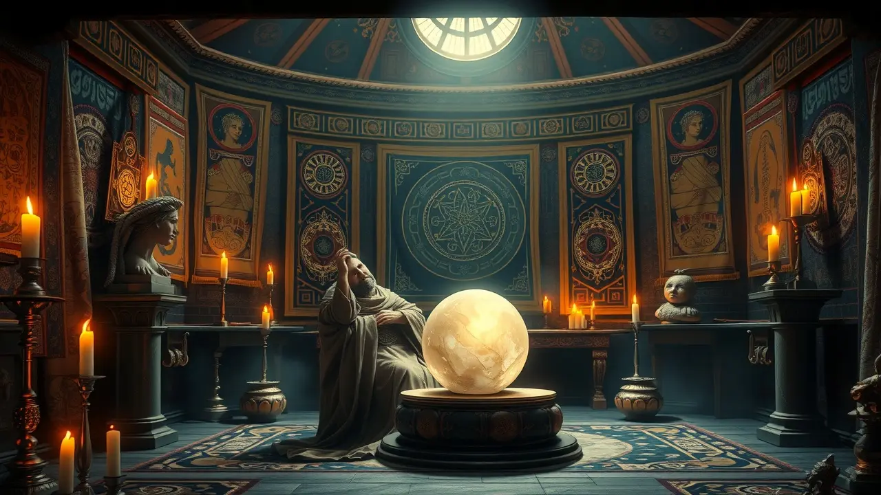 Oráculo místico em câmara antiga.