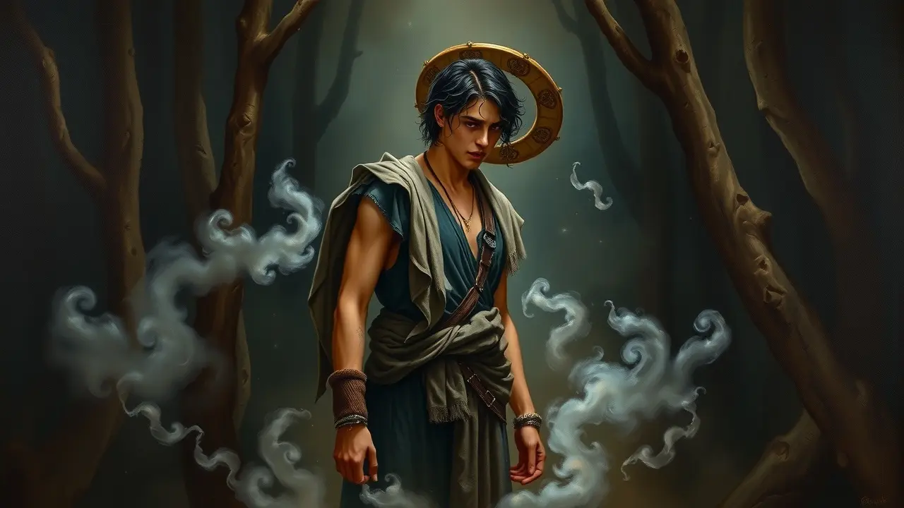 Jovem atormentado em floresta escura, representando Orestes.