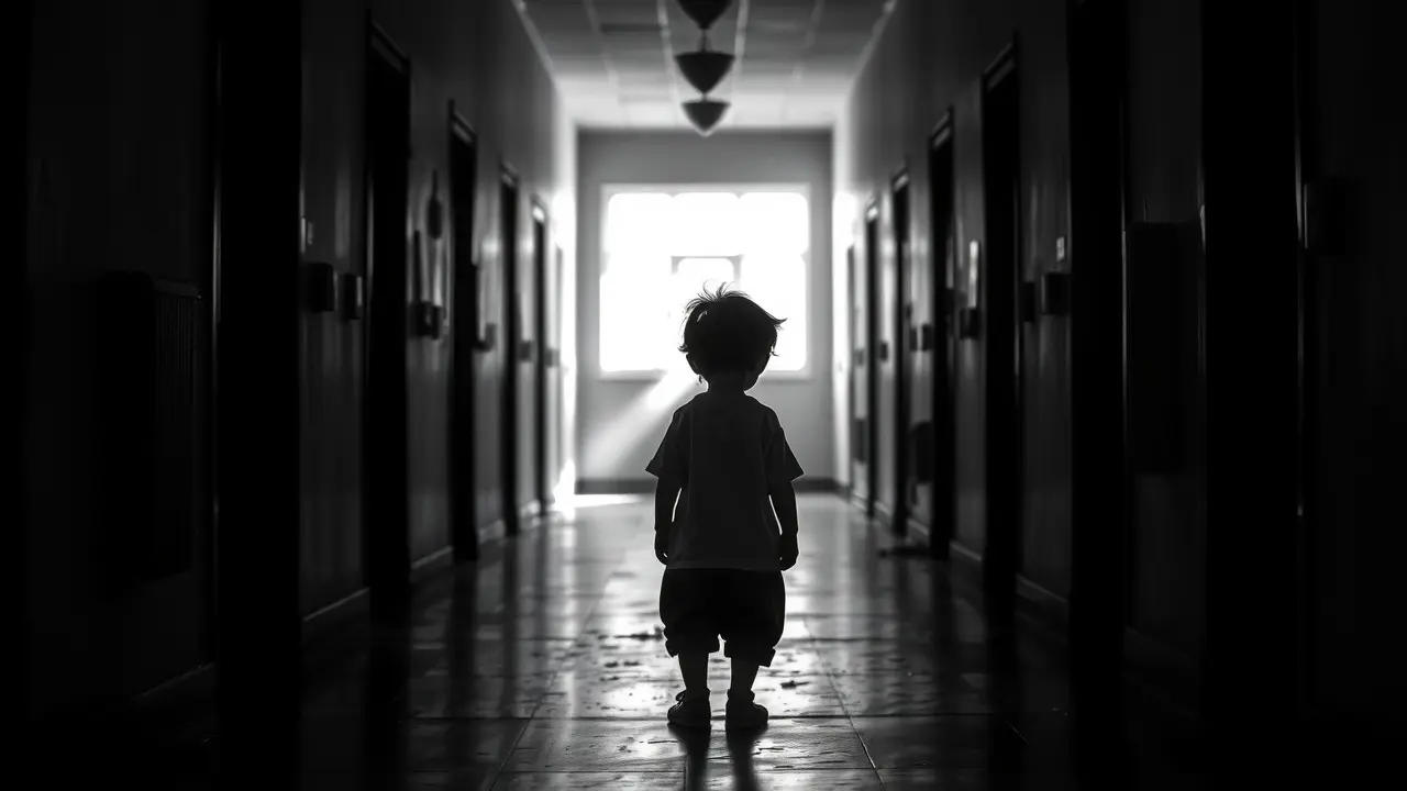 Sonhar com Órfão: Descubra os Significados e Interpretações! Criança órfã solitária em corredor de orfanato.