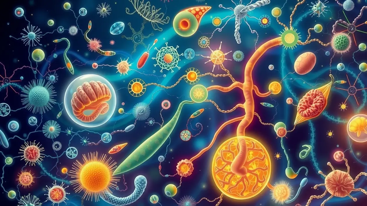 Ilustração de diversos organismos interconectados