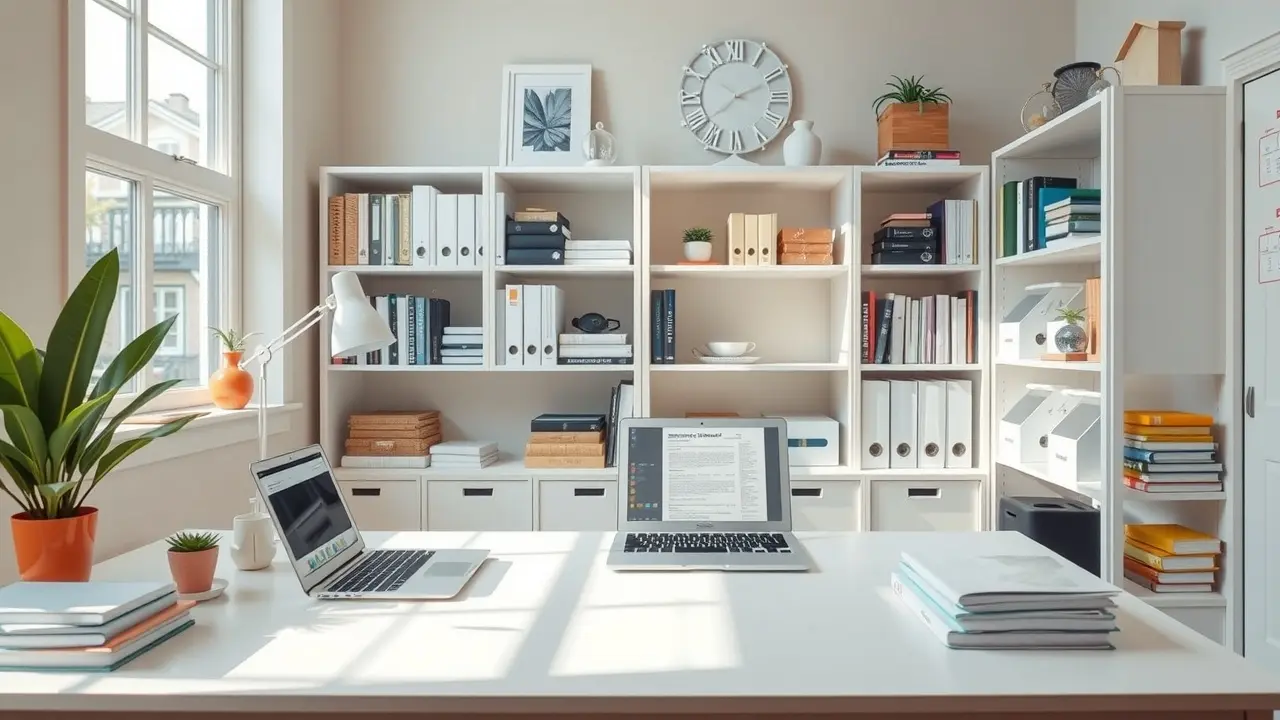 Escritório organizado com laptop, arquivos e livros.