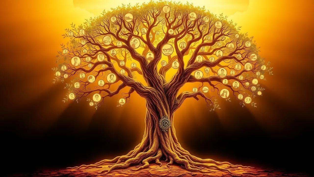 Significado de Sonhar com Origem: Desvendando Sua Essência Árvore genealógica iluminada representando a origem e a história familiar.