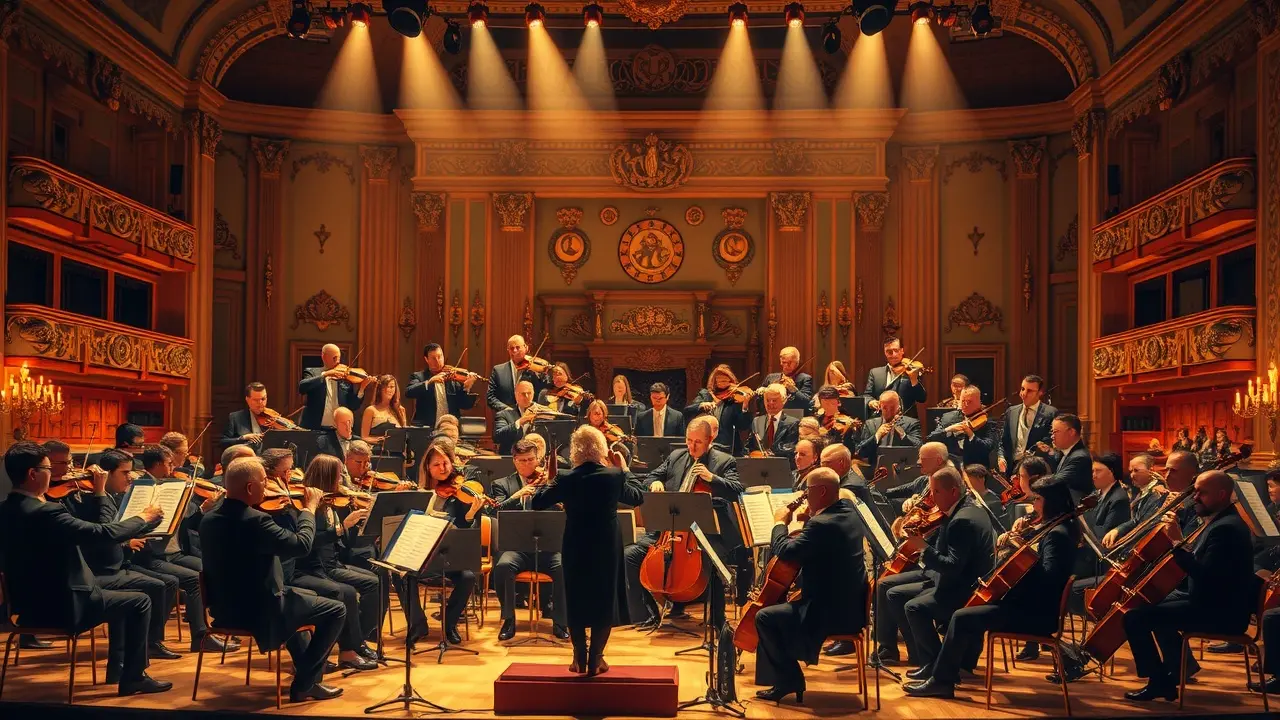 Sonhar com Orquestra: Harmonia, Emoções e o que Significa Orquestra sinfônica tocando em palco iluminado