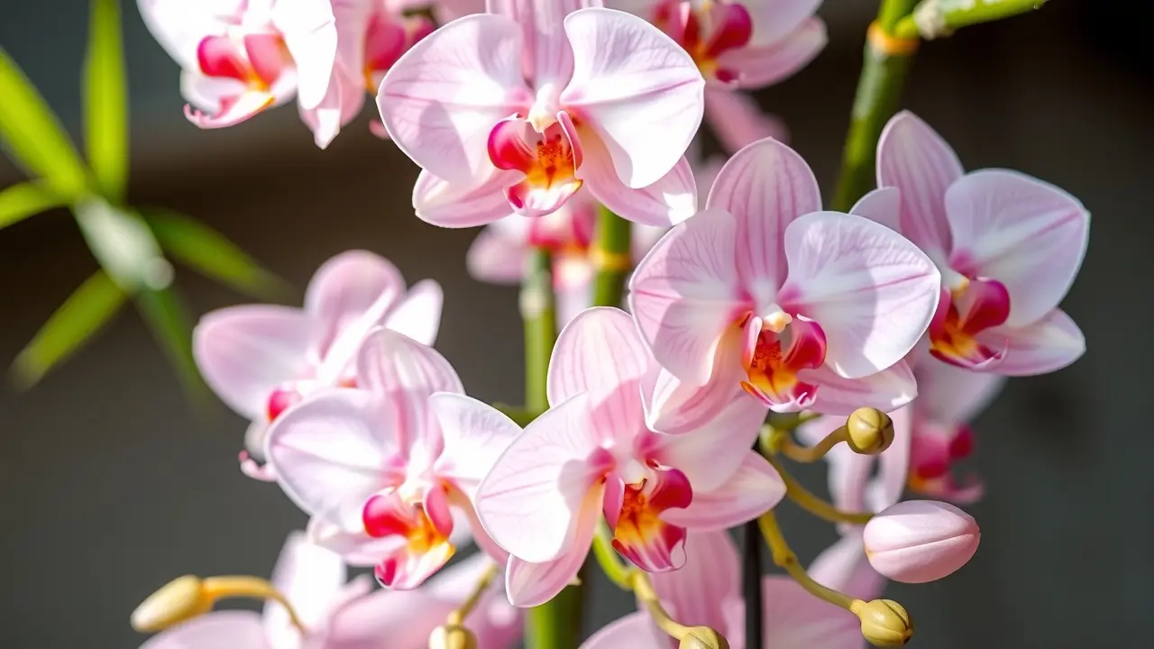 Orquídea-bambu florescendo em detalhes