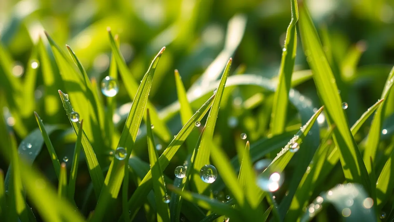 Orvalho da manhã brilhando na grama