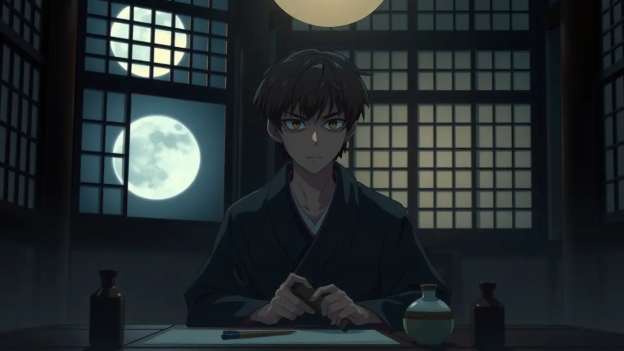 Homem de quimono refletindo, simbolizando Osamu Dazai em sonho.