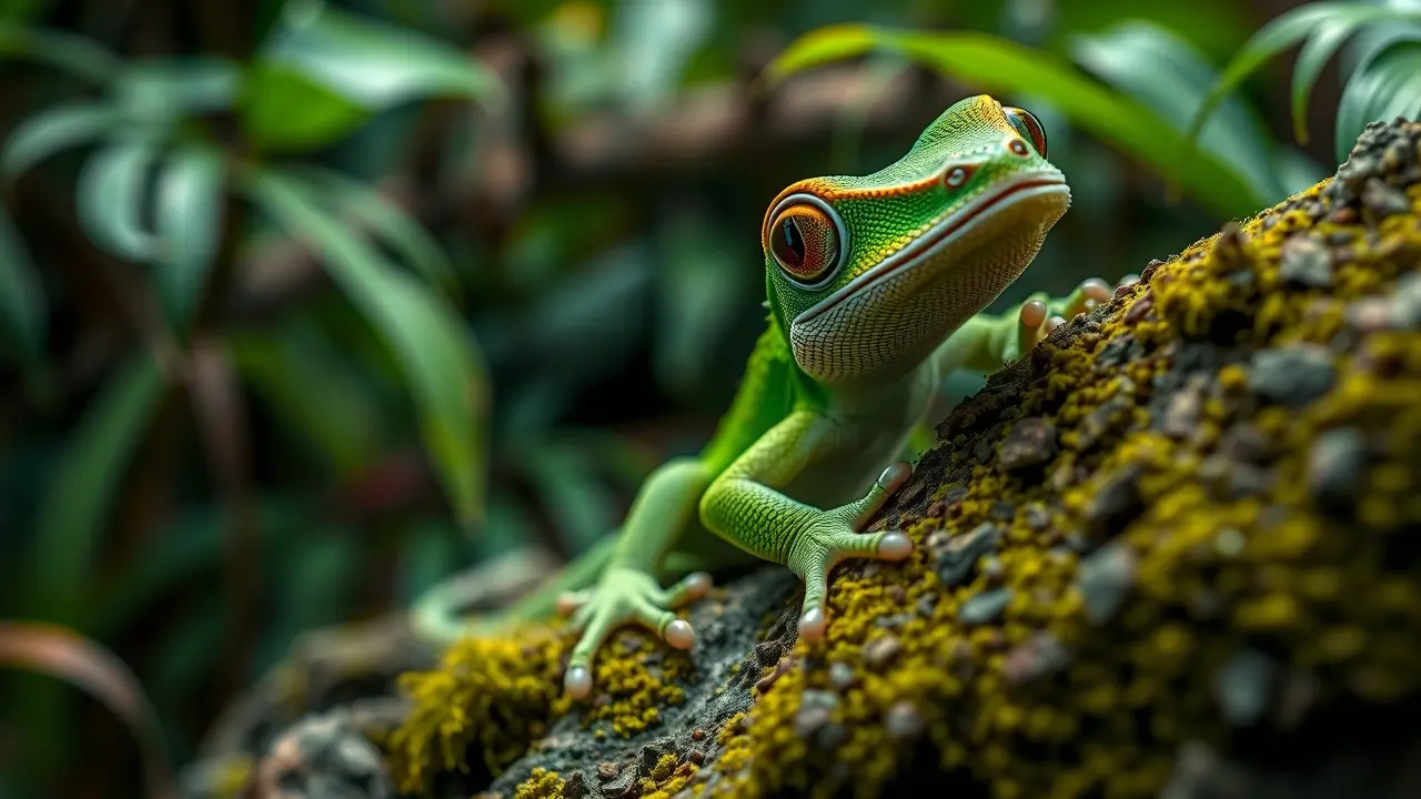 Significado de Sonhar com Osga: Desvende os Mistérios! Osga verde agarrada em rocha com musgo