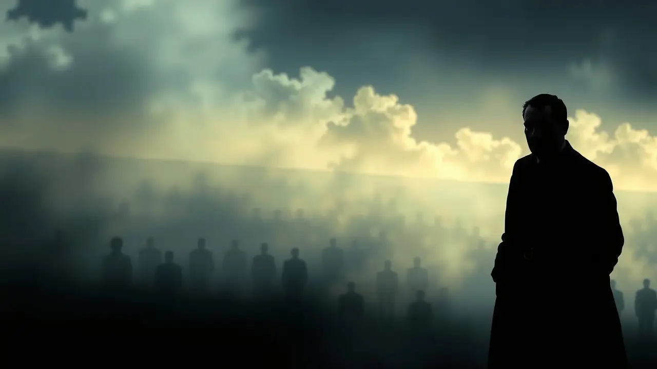 Homem em silhueta em sonho com fundo neblinoso