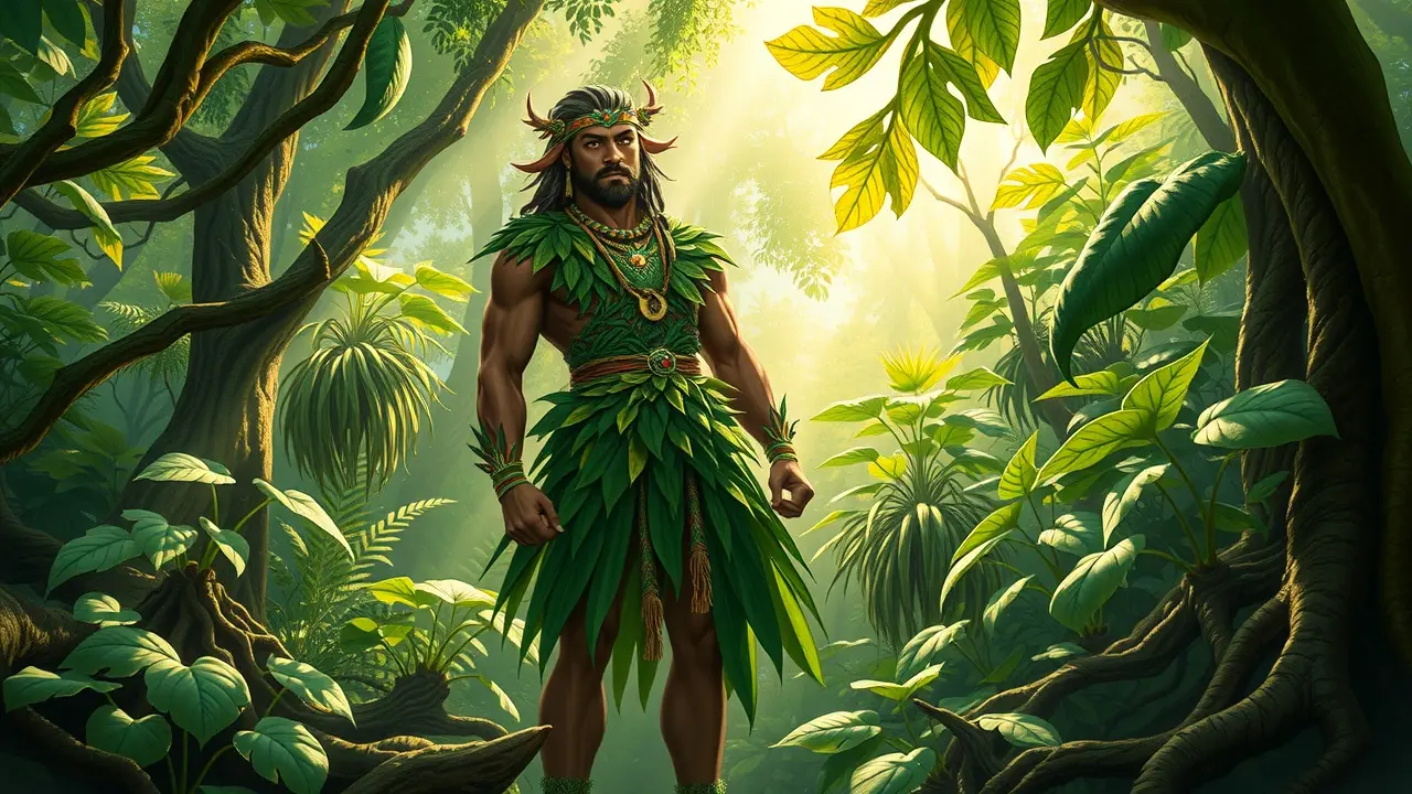 Representação de Ossaim em meio à natureza exuberante.