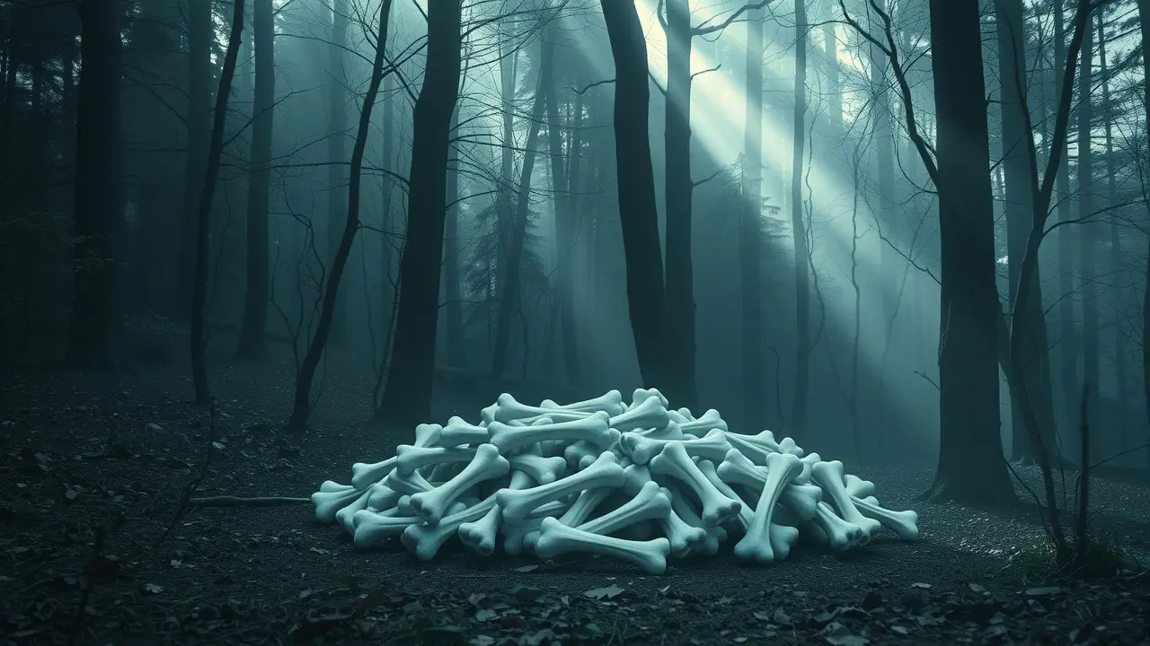 Ossos brancos em uma clareira mística