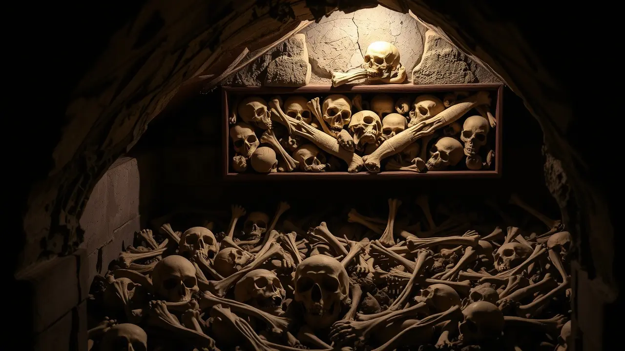 Ossuário antigo com crânios e ossos