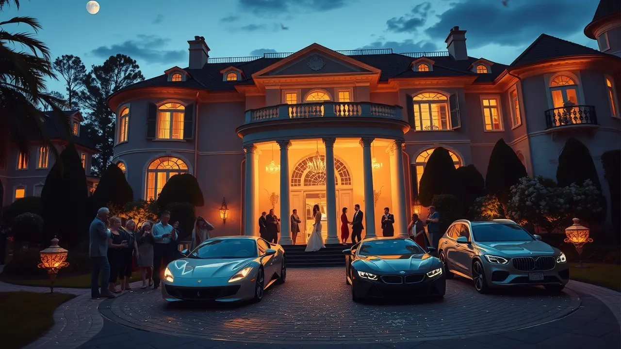 Mansão iluminada com festa luxuosa e carros caros