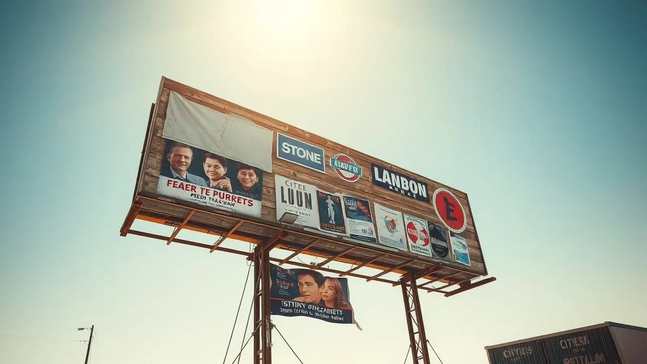 Sonhar com Outdoor: Descubra o Significado e as Mensagens Ocultas Outdoor antigo e desgastado com céu azul ao fundo