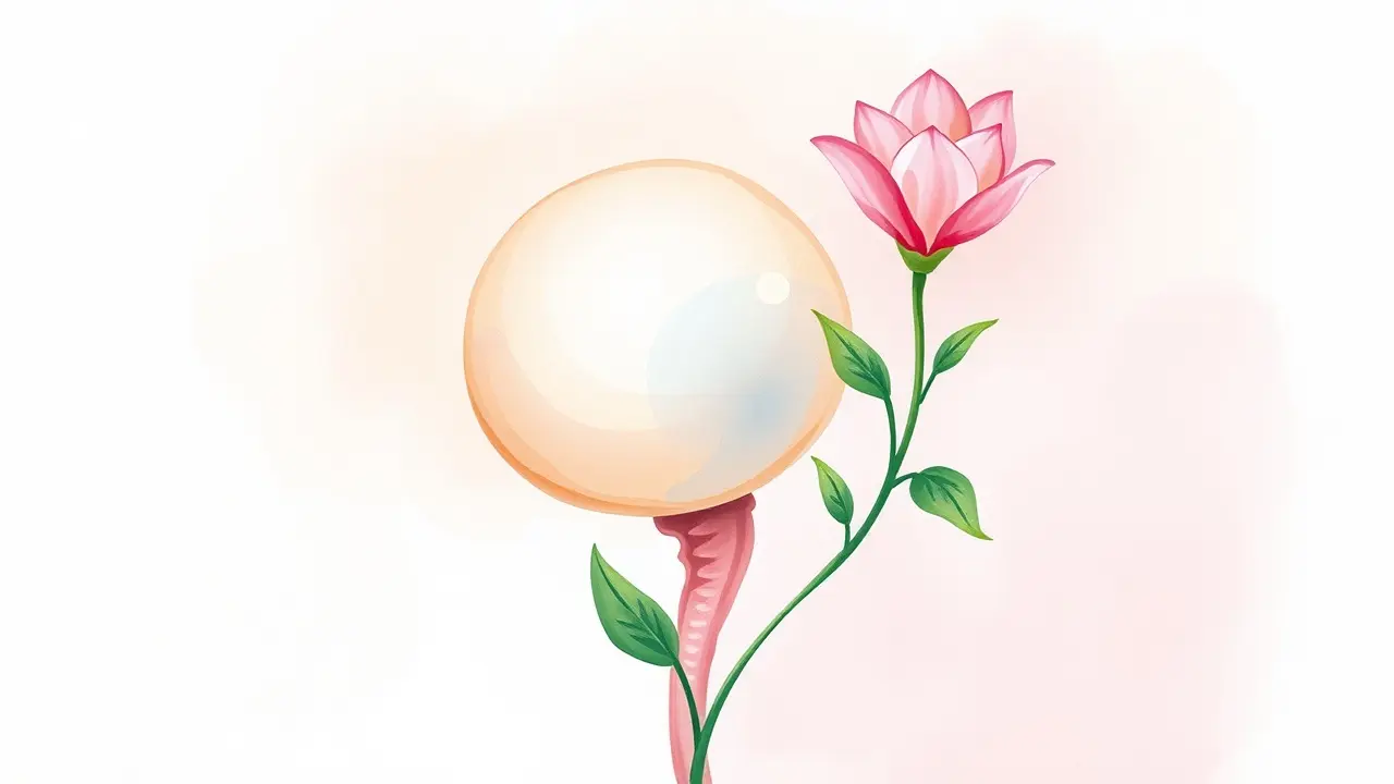 Ilustração de um ovário saudável com uma flor, representando fertilidade e potencial.