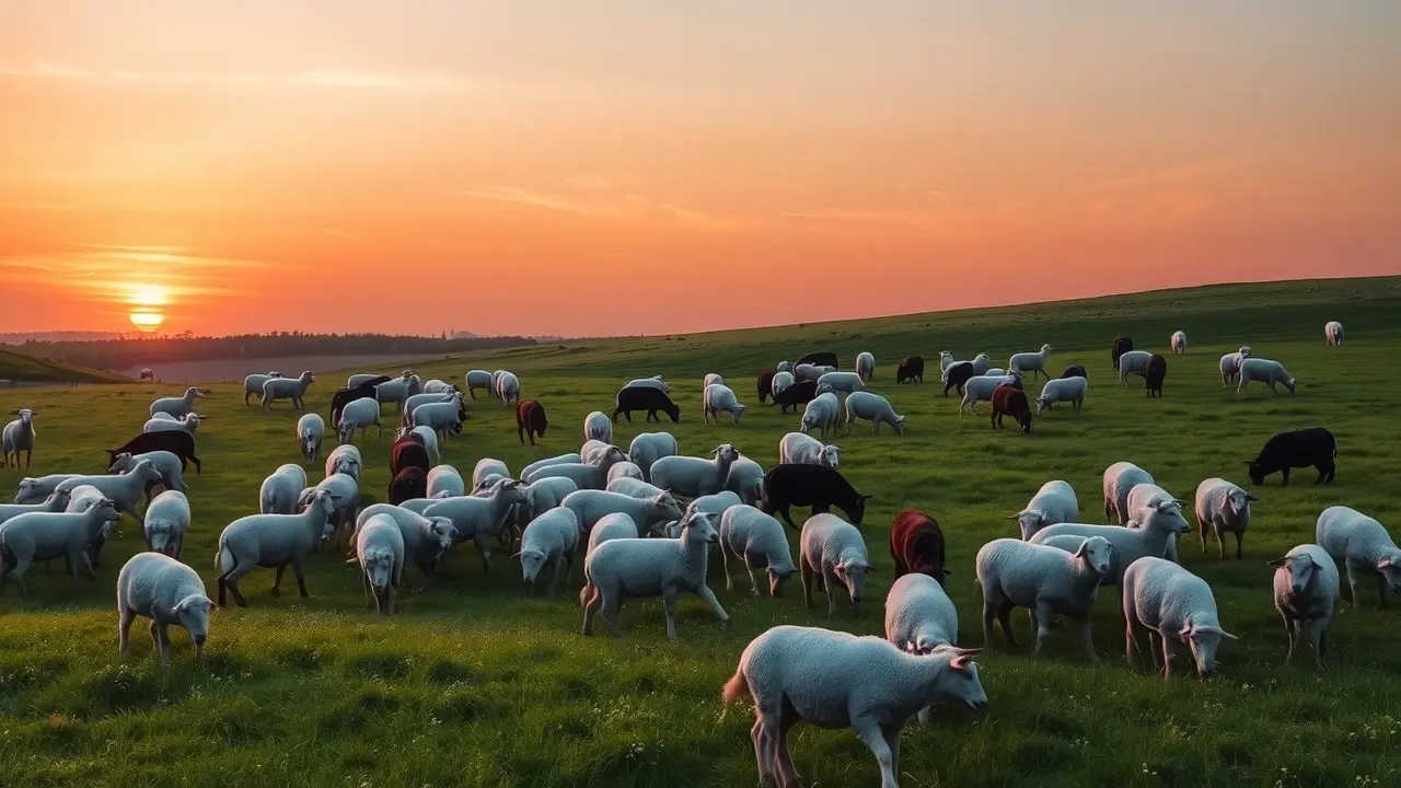 Sonhar com Ovinos: Desvende os Significados e Simbolismos Rebanho de ovinos em pastagem tranquila.