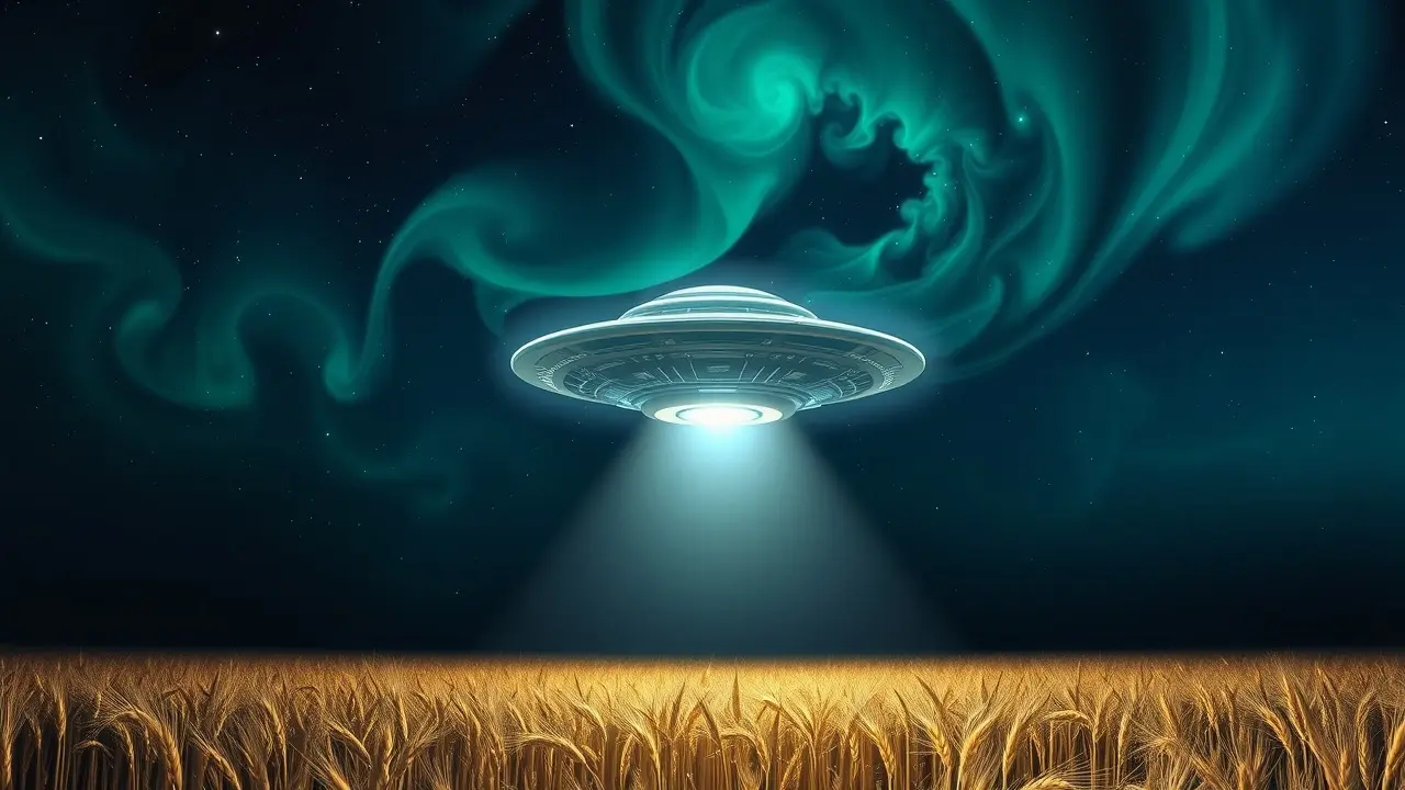 OVNI prateado pairando sobre campo de trigo, céu noturno nebuloso.