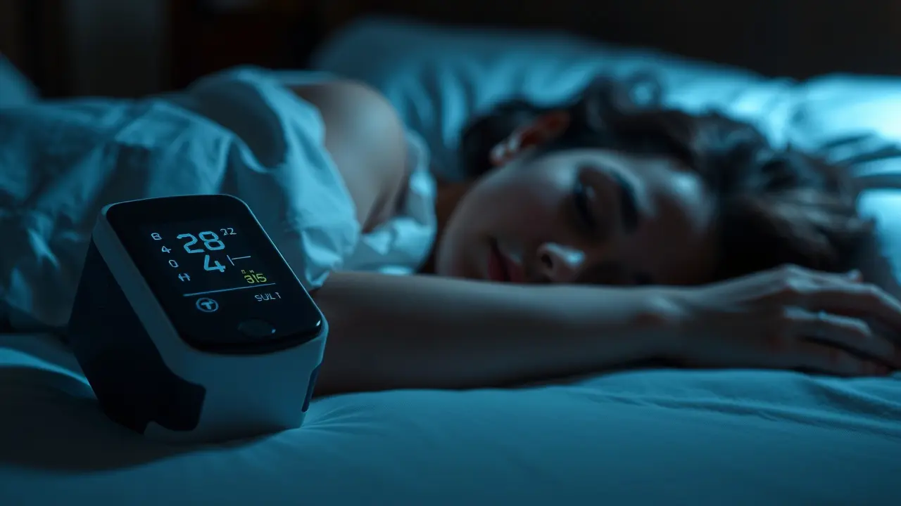 Mulher dormindo com oxímetro ao lado, simbolizando preocupação com a saúde.