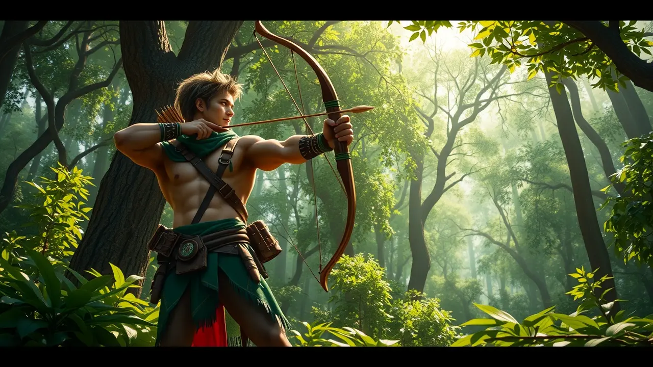 Homem com arco-e-flecha na floresta, Oxóssi.