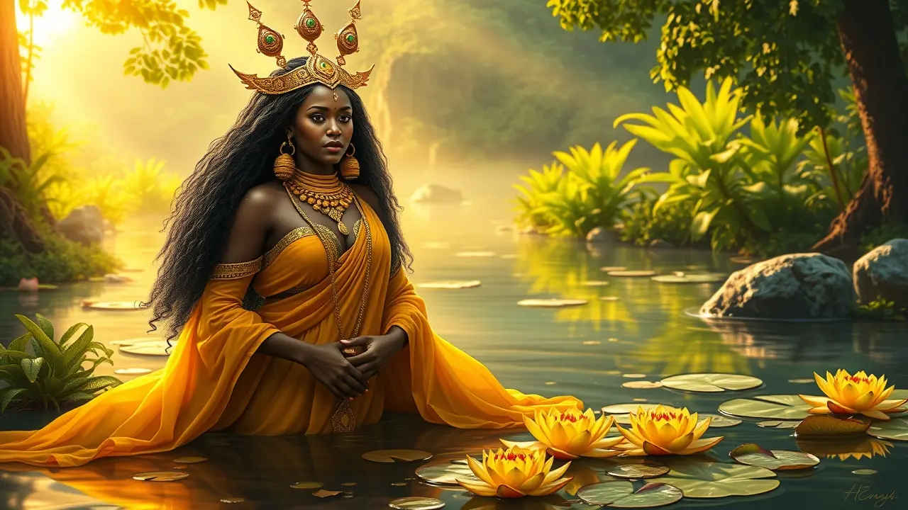 Significado de Sonhar com Oxum: Mensagens de Amor, Prosperidade e Espiritualidade Representação artística de Oxum em um rio