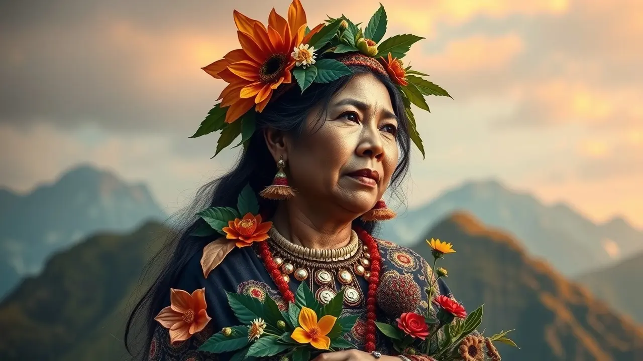 Significado de Sonhar com Pachamama: Conexão, Fertilidade e Abundância Pachamama, Mãe Terra andina, em conexão com a natureza.