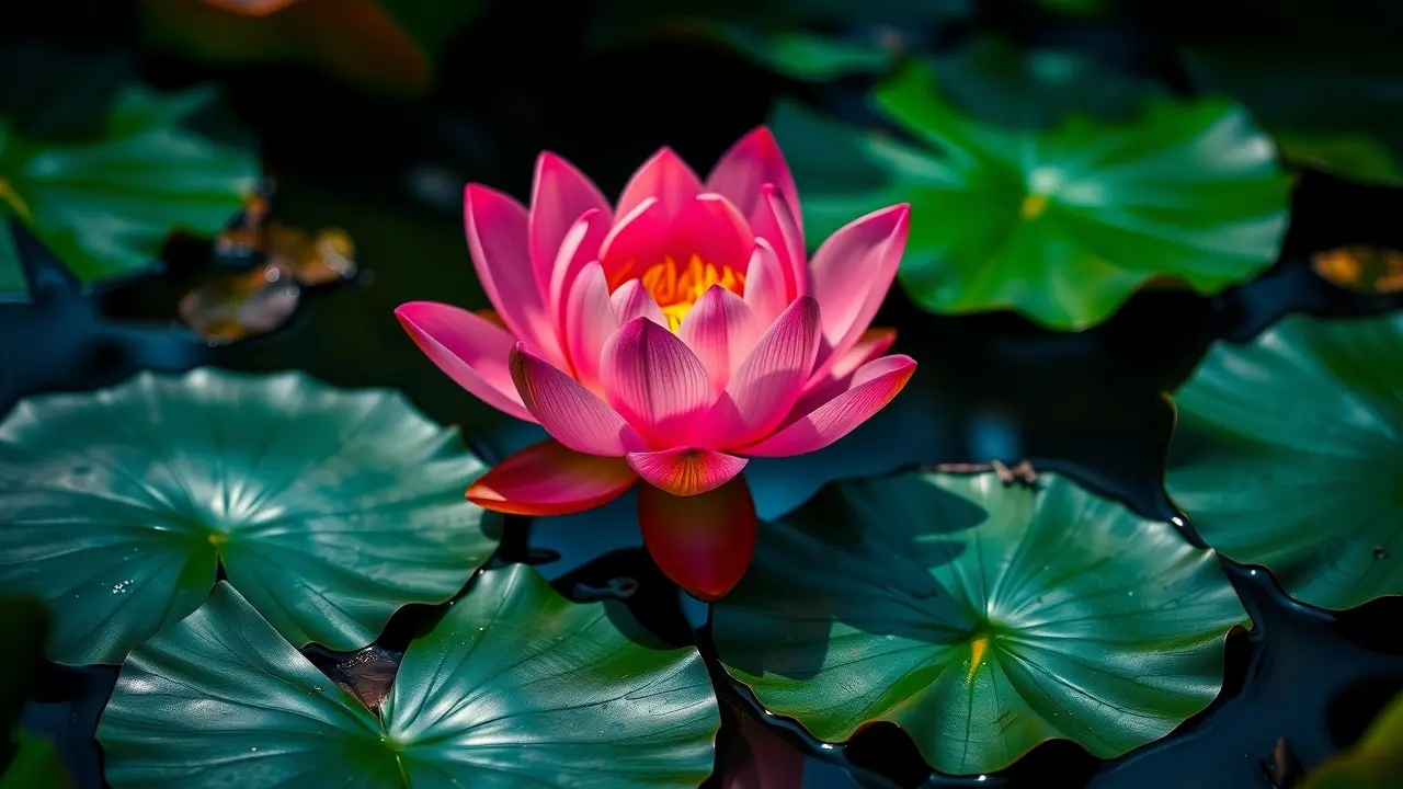 Flor de lótus rosa em lago sereno.