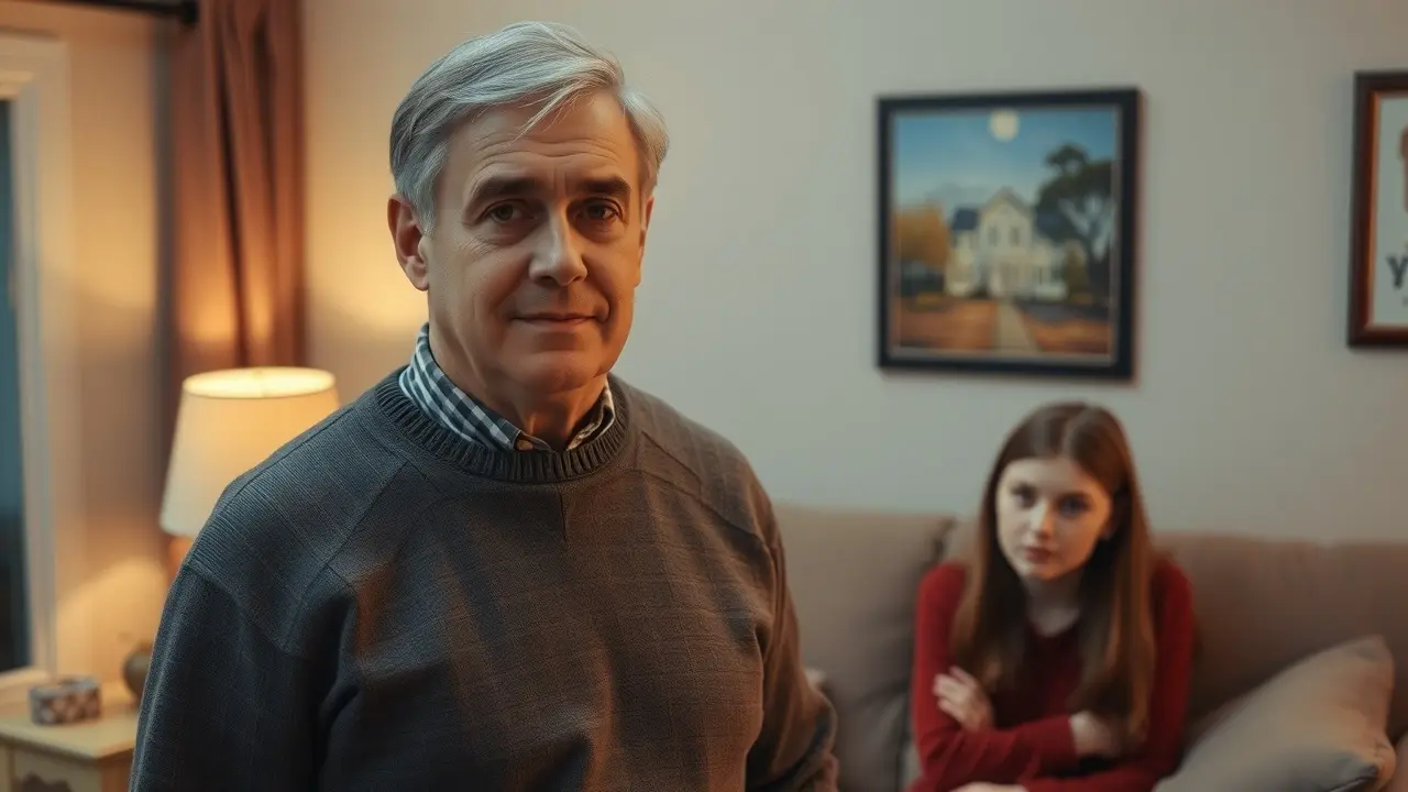 Homem grisalho com expressão gentil e adolescente em sala aconchegante.