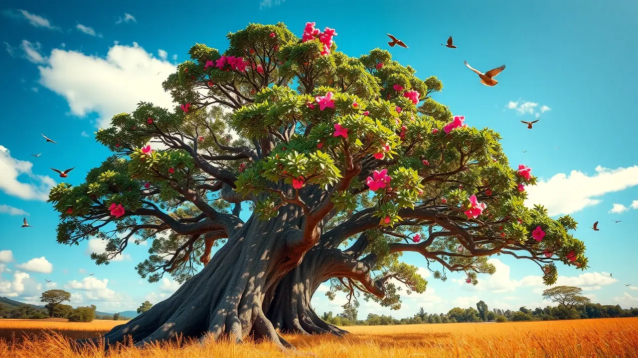 Significado de Sonhar com Paineira: Desvendando os Mistérios da Natureza Paineira exuberante em um campo ensolarado.