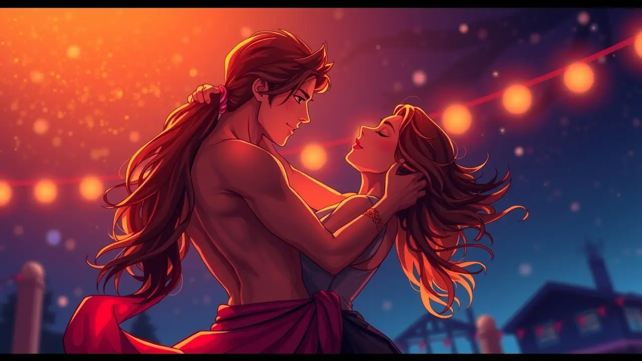 Casal dançando apaixonadamente sob as estrelas