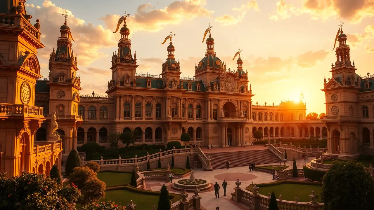 Palácio imponente sob a luz dourada do pôr do sol
