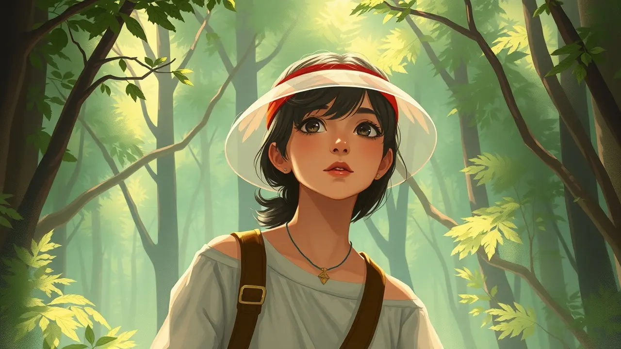 Pessoa usando palas translúcidas em floresta onírica.