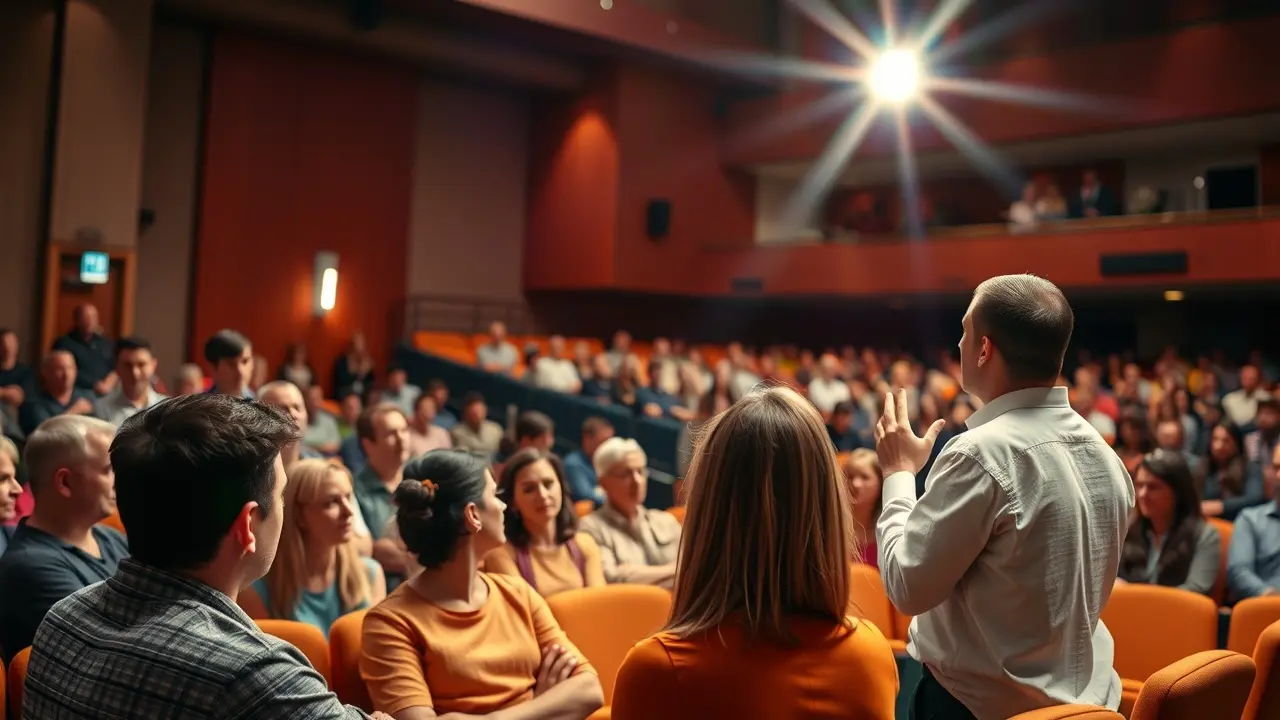 Auditório com orador carismático em palestra inspiradora