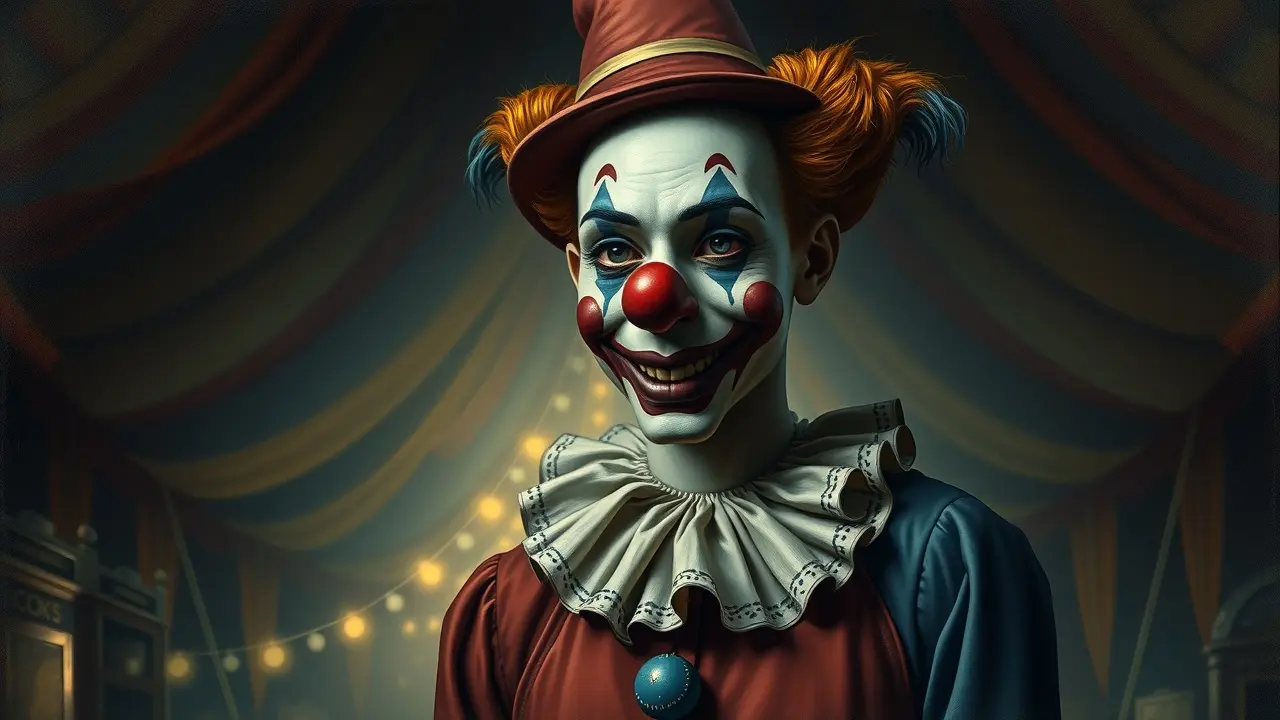 Palhaço com maquiagem exagerada em circo.
