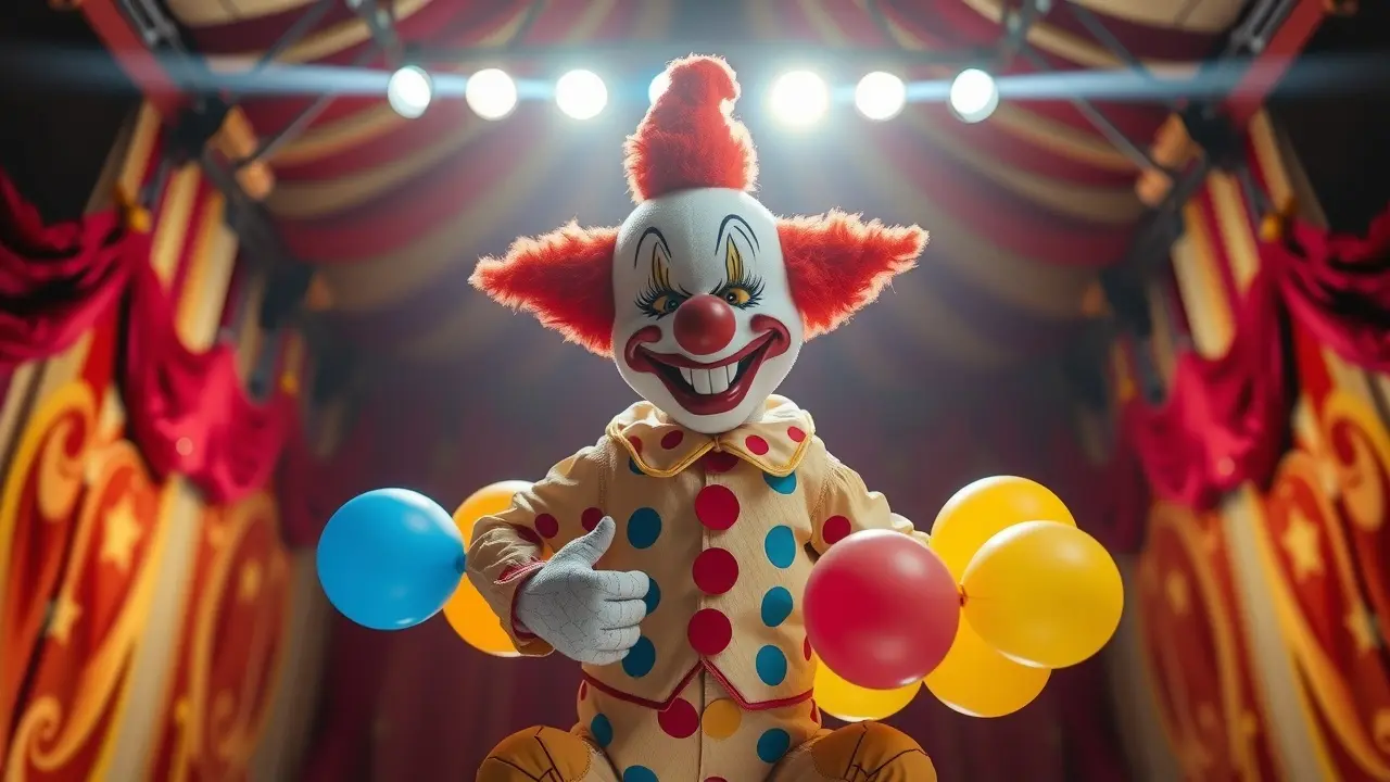 Palhaço sorrindo em um palco colorido.