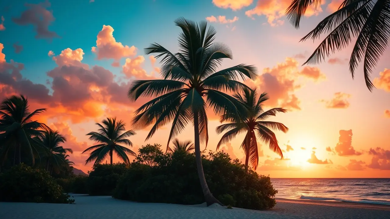 Palmeira exuberante ao pôr do sol.