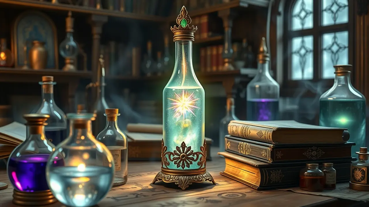 Sonhar com Panaceia: Desvende os Segredos da Cura e Transformação Panaceia mística brilhante em laboratório de alquimia