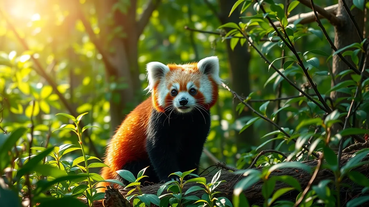 Panda-vermelho em floresta exuberante