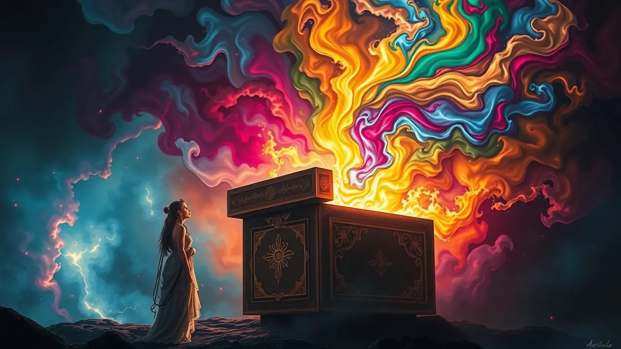 Representação onírica da Caixa de Pandora aberta.